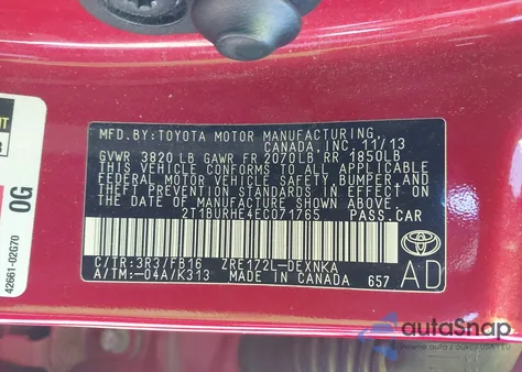 2014 Toyota Corolla Le from USA, damaged, VIN 2T1BURHE4EC071765